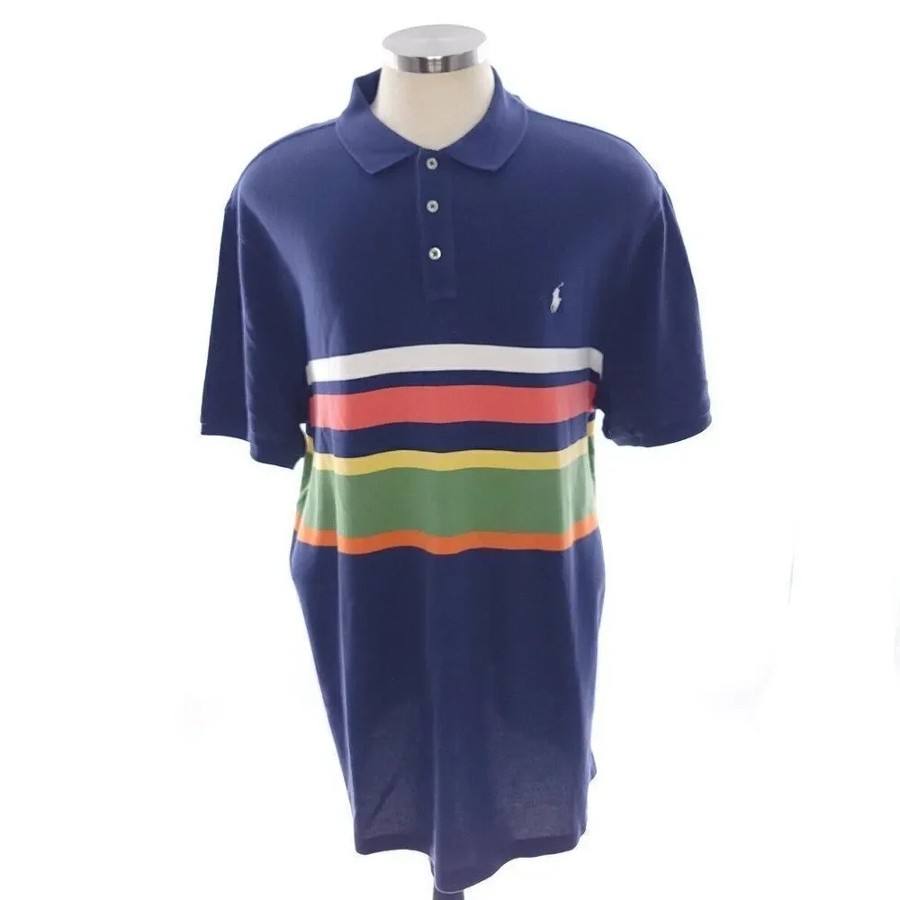 Polo Ralph Lauren Classic Navy Striped Short Sleeve Polo Cotton Shirt Mens XXL